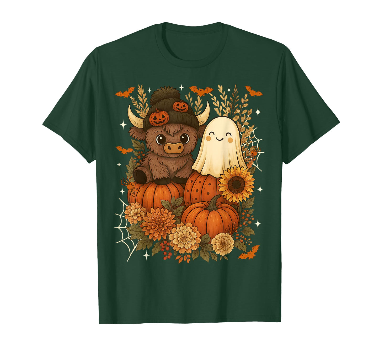 Retro Cute Fall Highland Cow Ghost Pumpkin Spooky Halloween T-Shirt