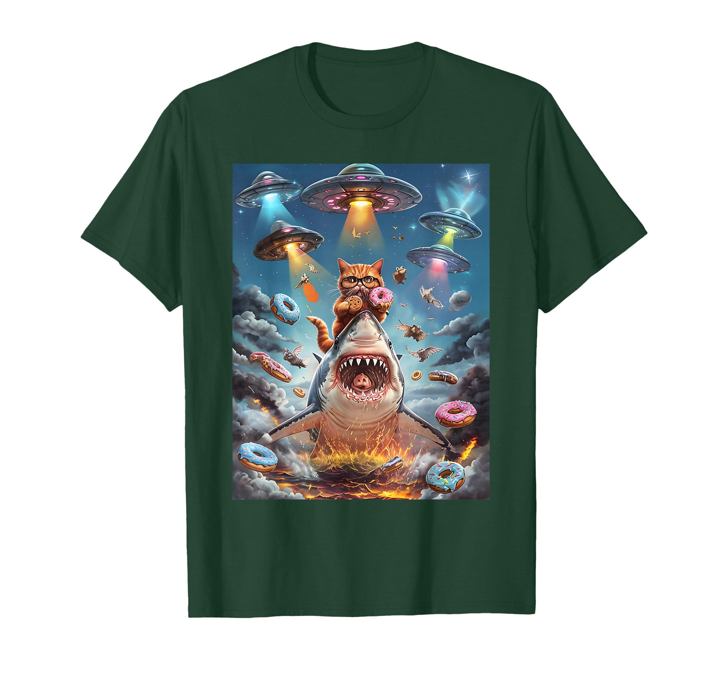 Funny Cat Riding Fire Breathing Shark Rainbow Birthday Kids T-Shirt