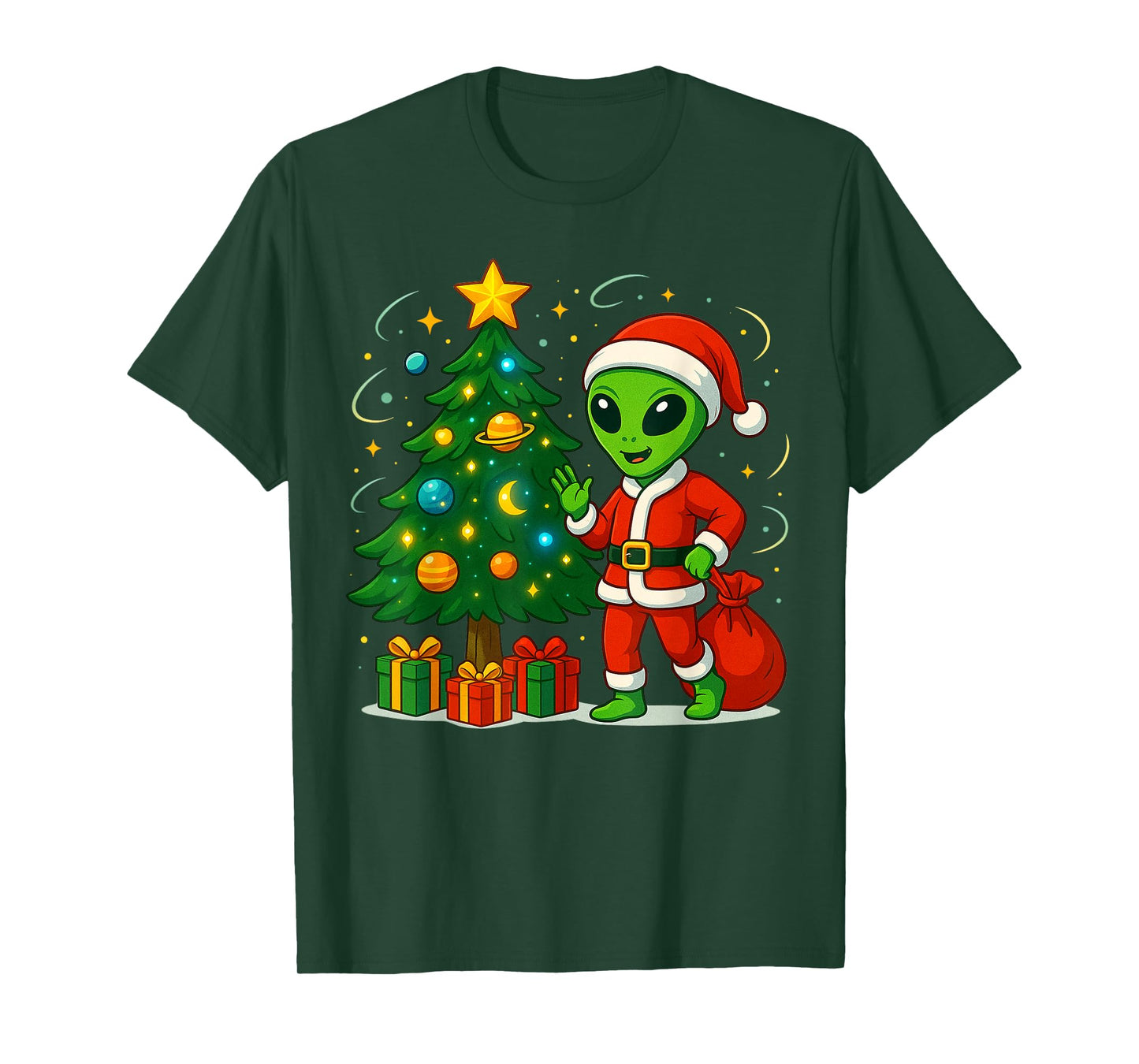 Alien Christmas Tree Xmas Lights Funny Holiday Men Boys T-Shirt