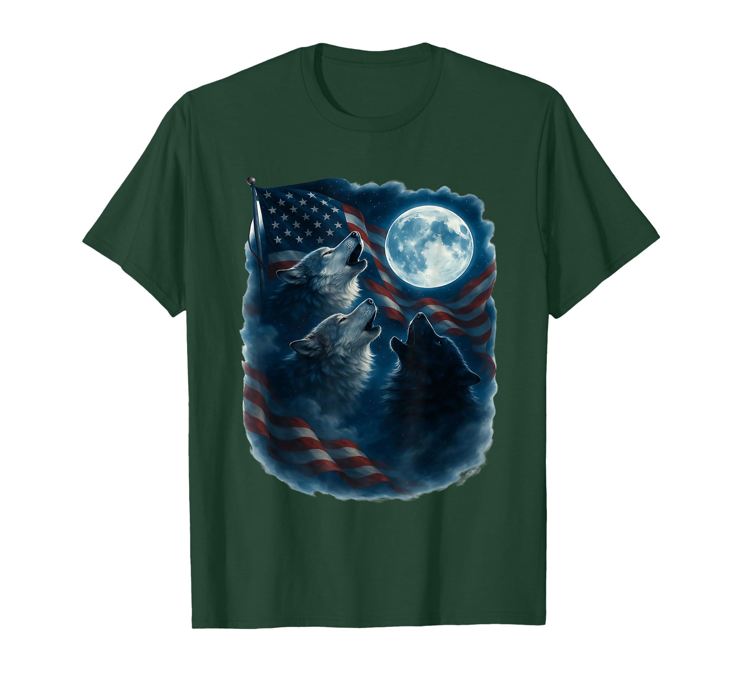3 Wolf Howling At The Moon US Flag Wildlife Wolves Lovers T-Shirt