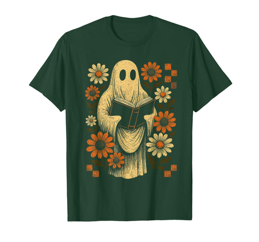 Retro Ghost Reading Book Halloween Floral Library Spooky T-Shirt