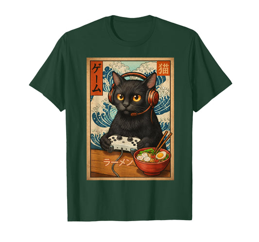 Kawaii Gamer Cat Funny Retro Japanese Cat Ramen Gaming T-Shirt