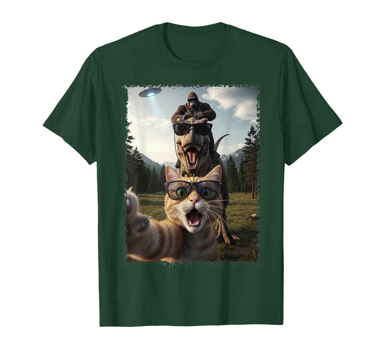 Funny Cat T-Rex Bigfoot Design UFO Selfie T-Shirt
