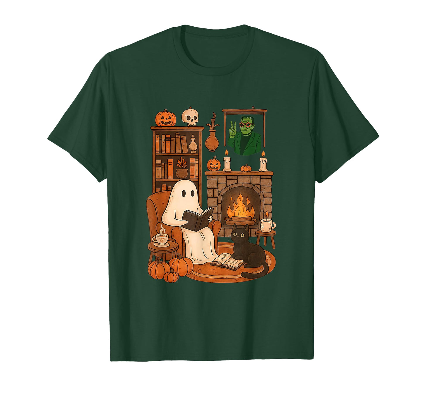 Retro Halloween Cozy Ghost Reading Book by 90s Frankenstein T-Shirt