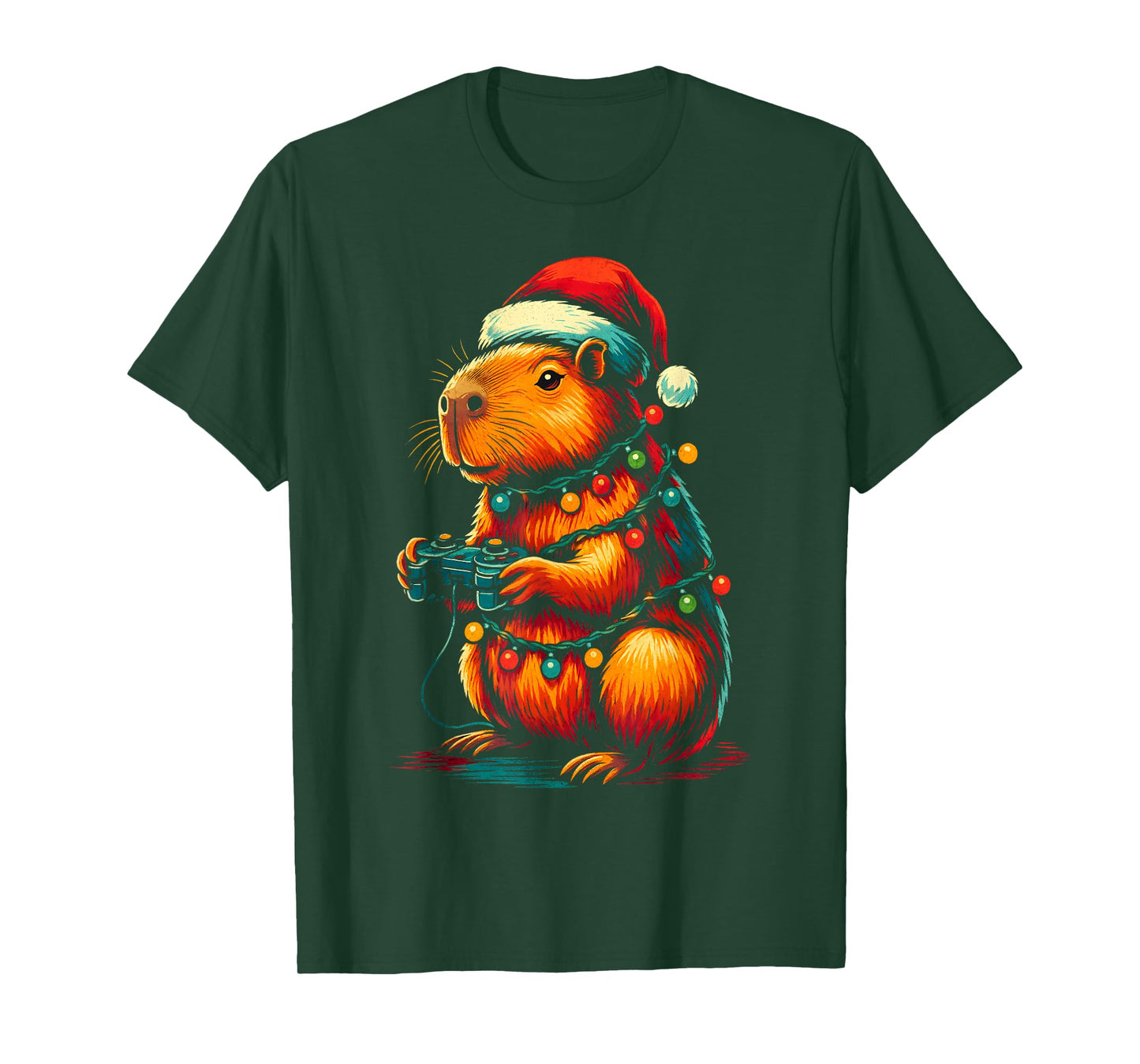 Christmas Capybara Gamer Xmas Light Video Game Lover Men Boy T-Shirt