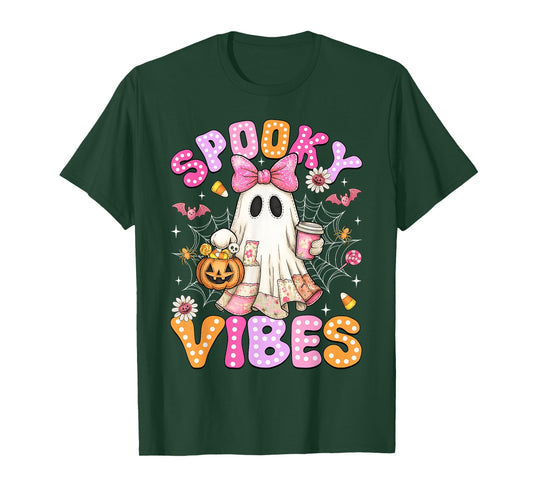 Spooky Vibes Ghost Retro Groovy Halloween Women Girls Kids T-Shirt