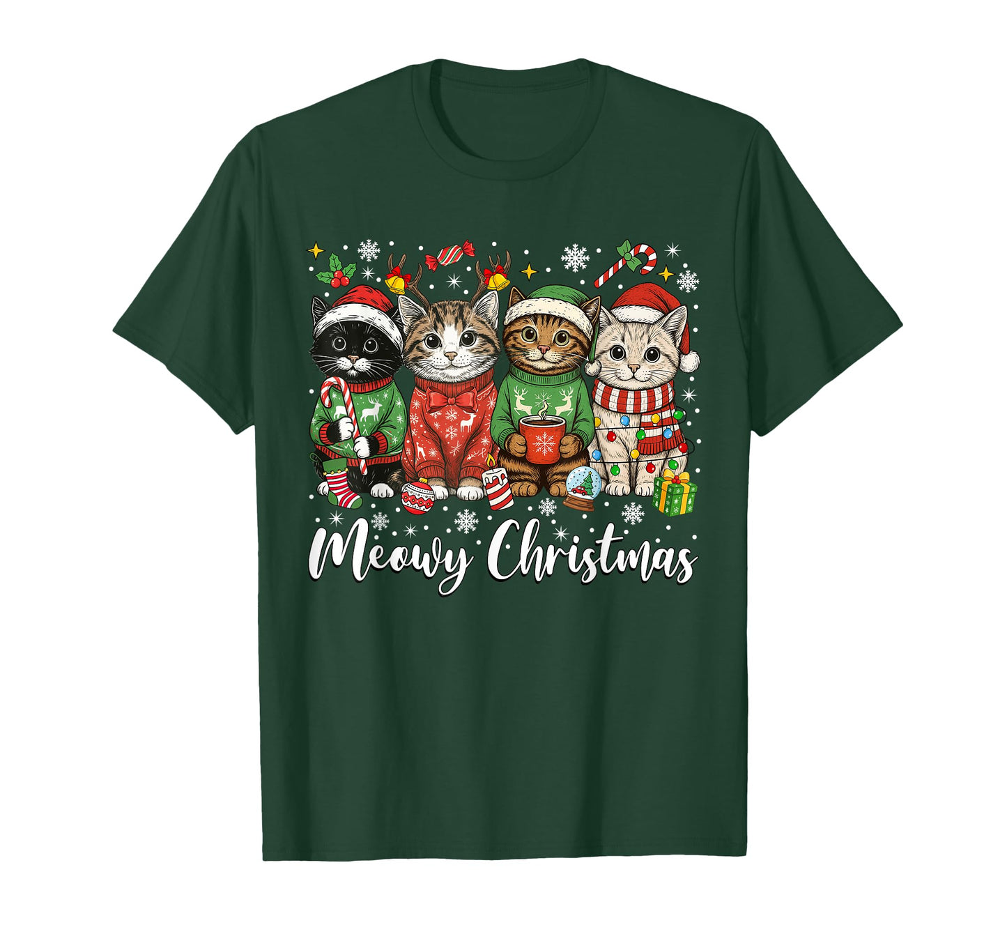 Cute Cats Meowy Christmas Light Santa Hat Merry Catmas Xmas T-Shirt