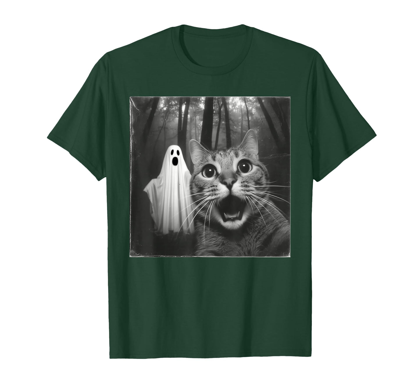 Funny Surprised Scared Cat Selfie with Ghost Halloween Lover T-Shirt