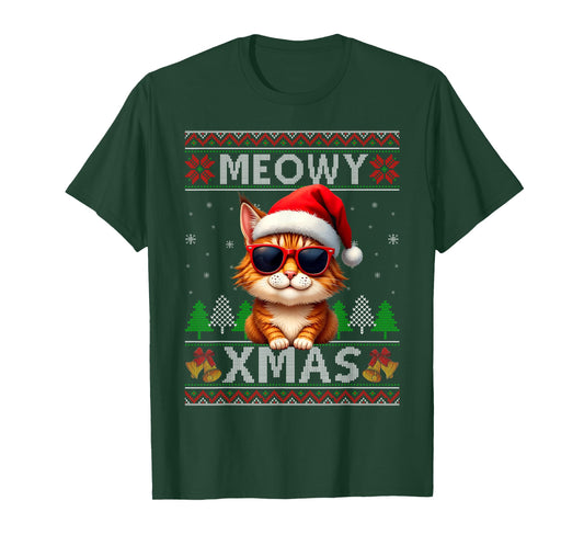 Meowy Xmas Cat Sunglasses Xmas Lights Ugly Christmas Sweater T-Shirt