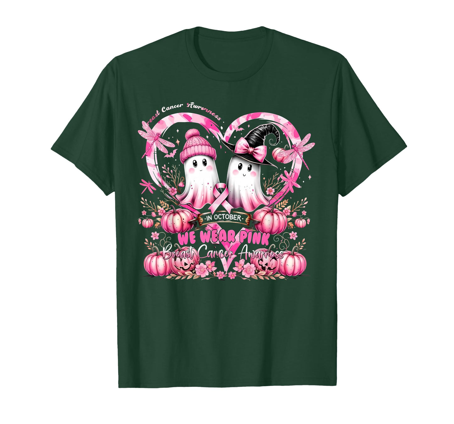 in October We Wear Pink Breast Cancer Heart Dragonflies T-Shirt