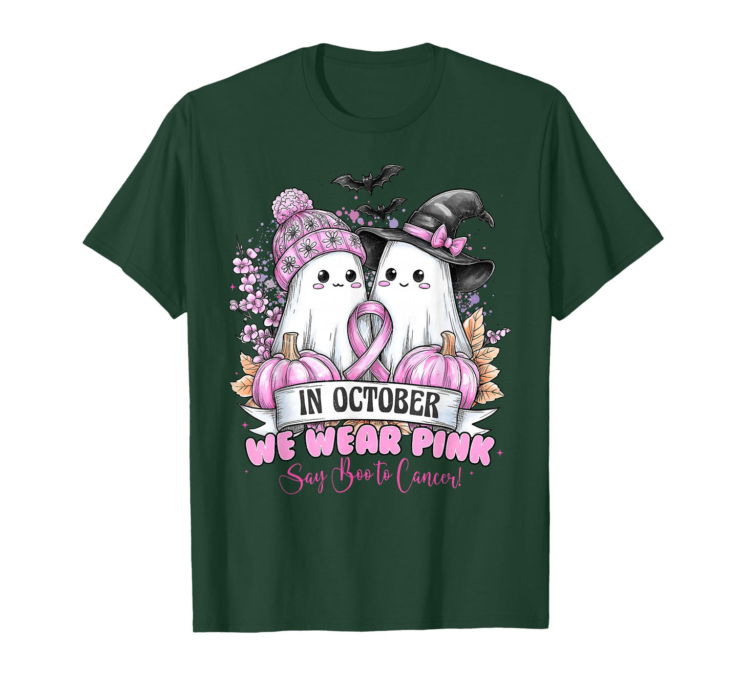 in October We Wear Pink Say Boo to Breast Cancer Ghost Witch T-Shirt
