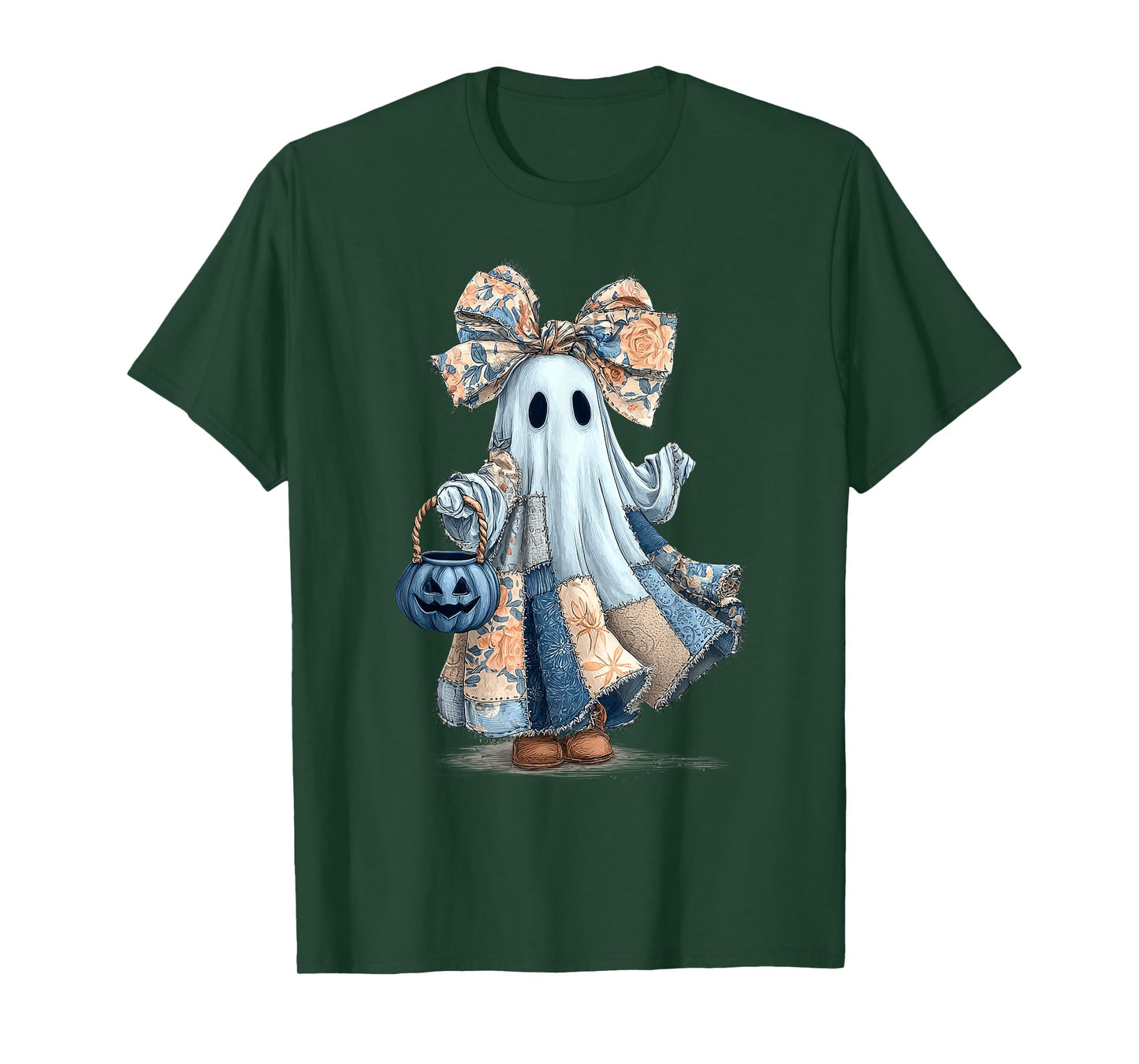 Blue Denim Patchwork Quilt Cute Boo Ghost Halloween T-Shirt