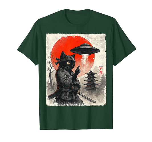 Samurai Ninja Cat Warrior UFO Japanese Anime Gifts Funny Cat T-Shirt