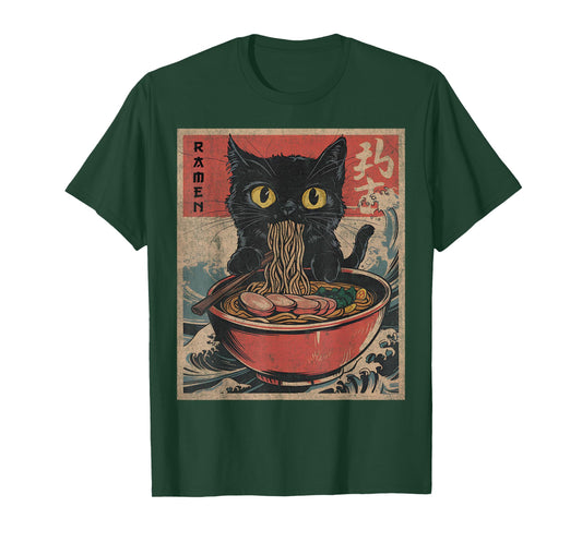 cat eating ramen shirt Japanese Funny Graphic Kawaii Noodles T-Shirt
