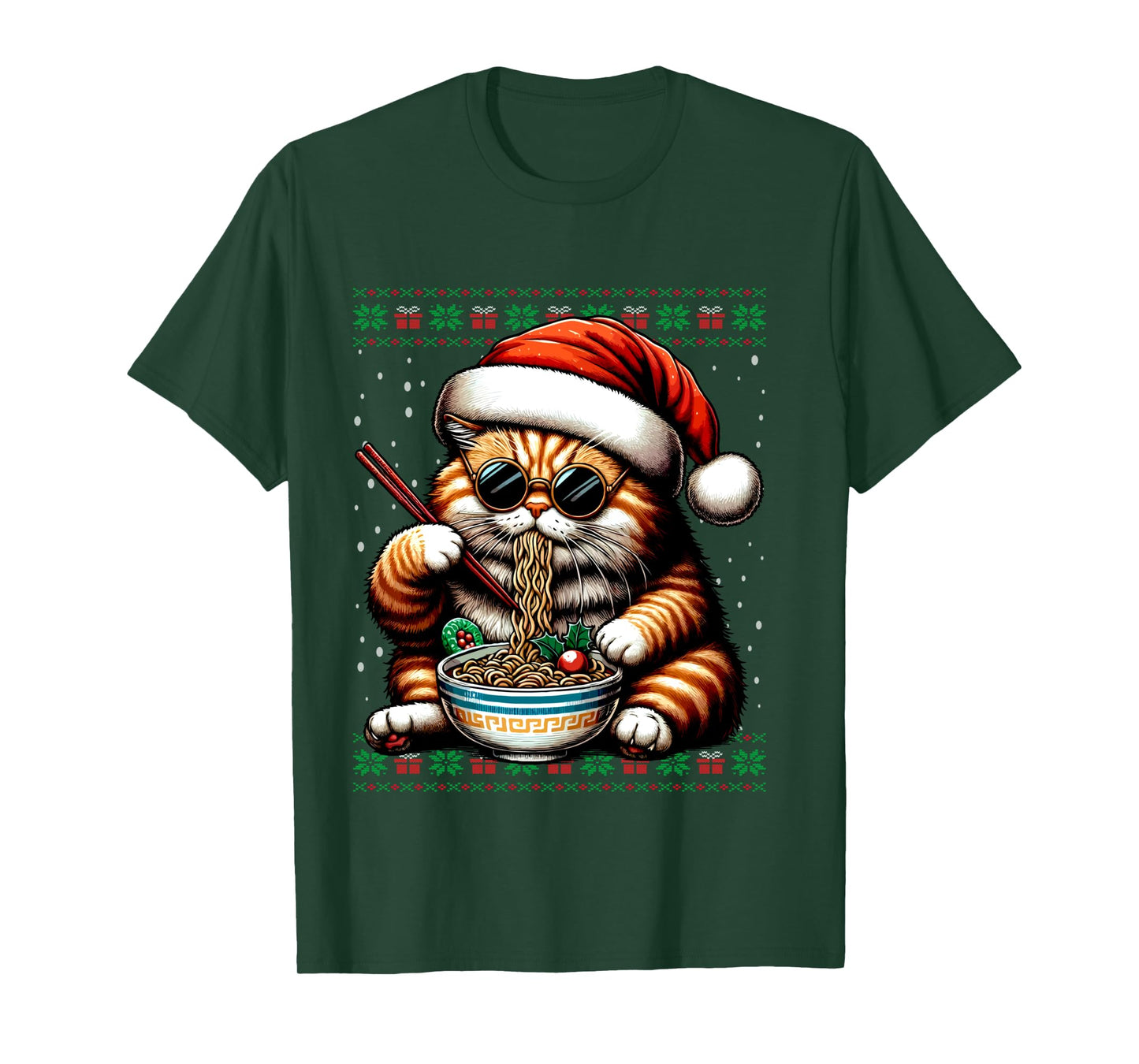 Christmas Cat Eating Ramen Ugly Christmas Sweater Long Sleeve T-Shirt