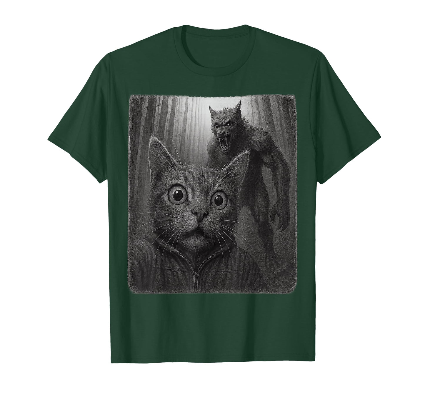 Funny Scared Cat Taking A Selfie with Cryptid Wolfman T-Shirt