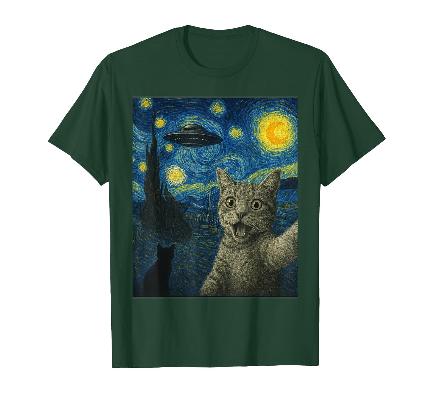 Cat Selfie With Alien UFO Cat Starry Night Van Gogh Cat T-Shirt