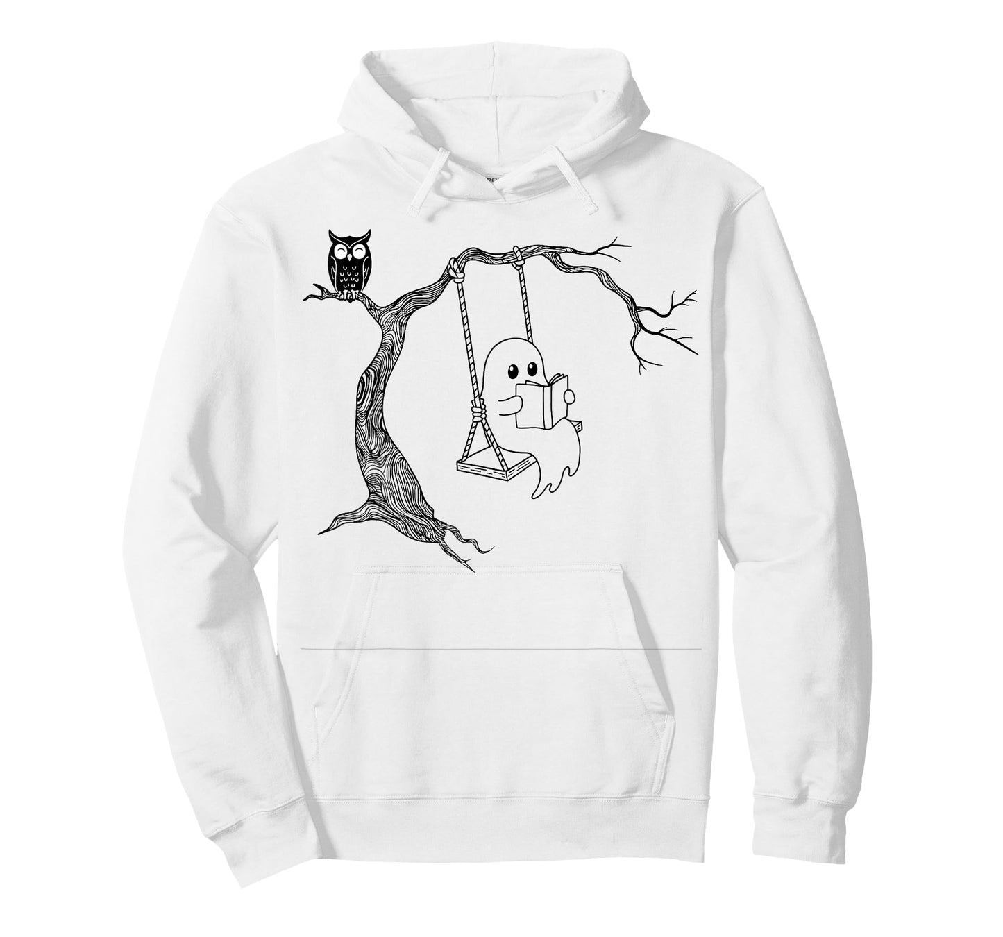 Cute Ghost Swinging Reading Book Halloween line Art T-Shirt