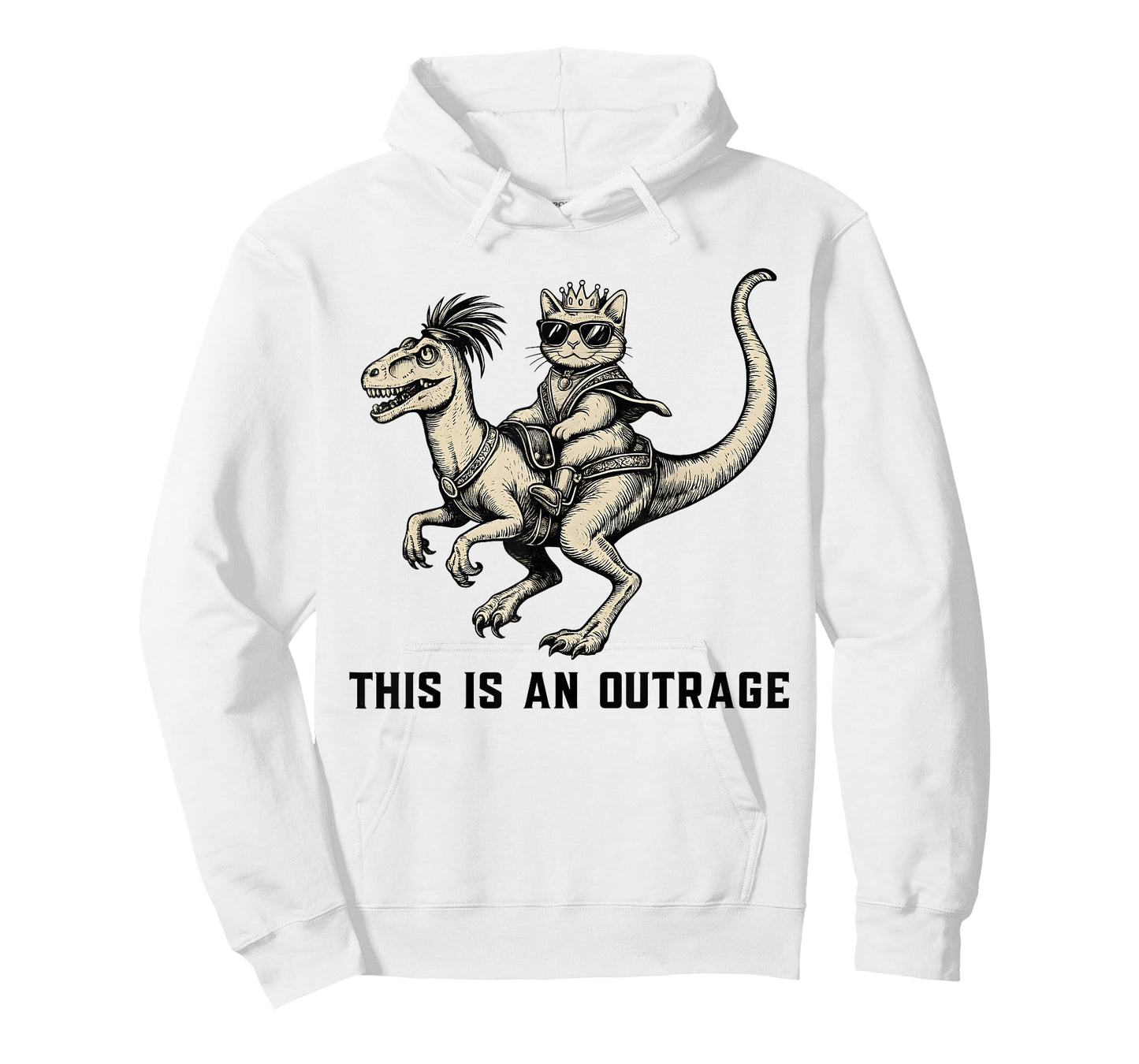 This is an Outrage Funny Cat Riding Dinosaur Meme T-Shirt