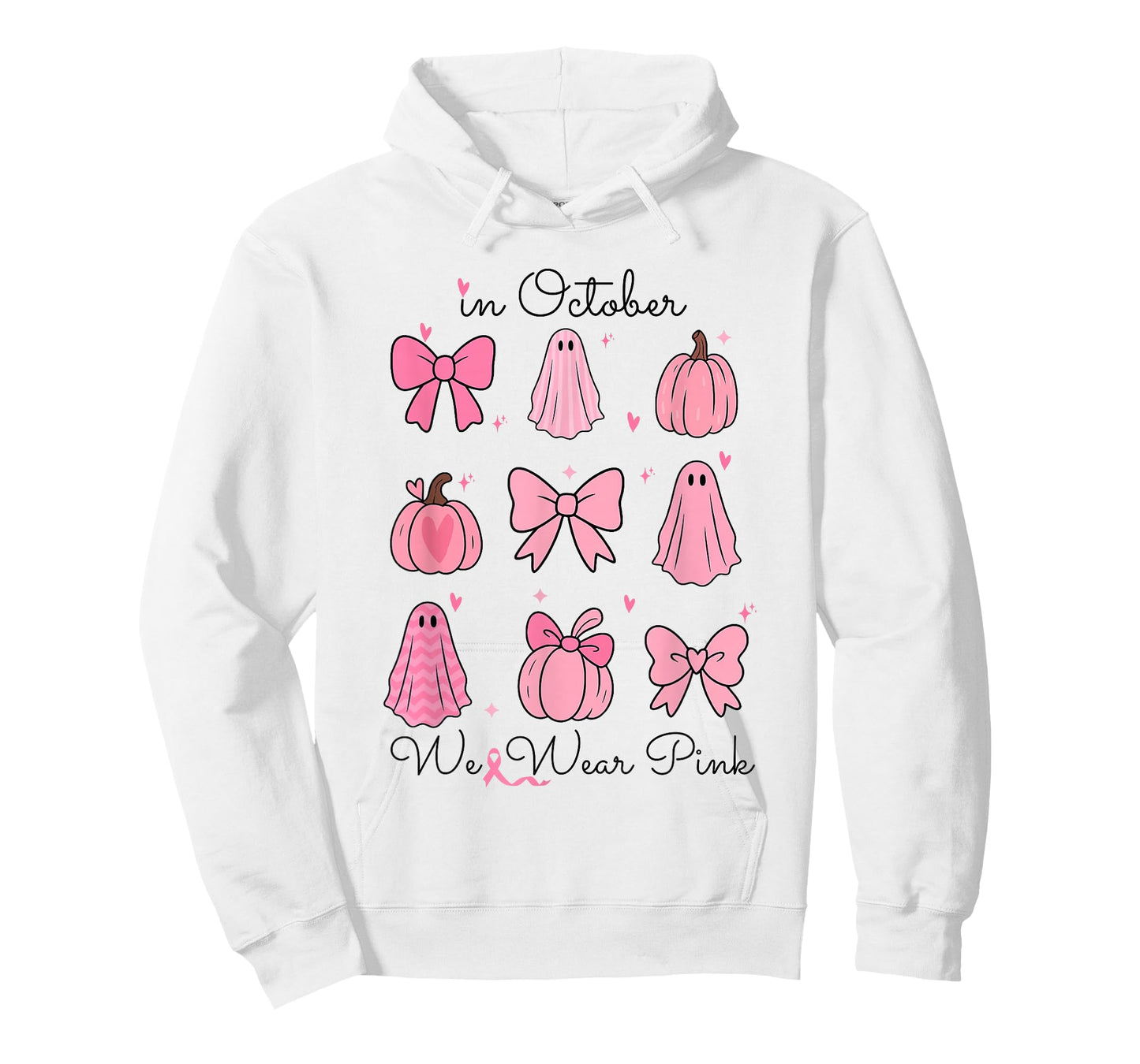 in October We Wear Pink Pumpkin Bows Ghost Breast Cancer T-Shirt