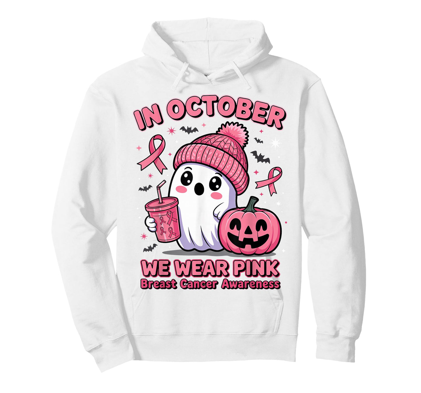 in October We Wear Pink Ghost Halloween Breast Cancer Women T-Shirt