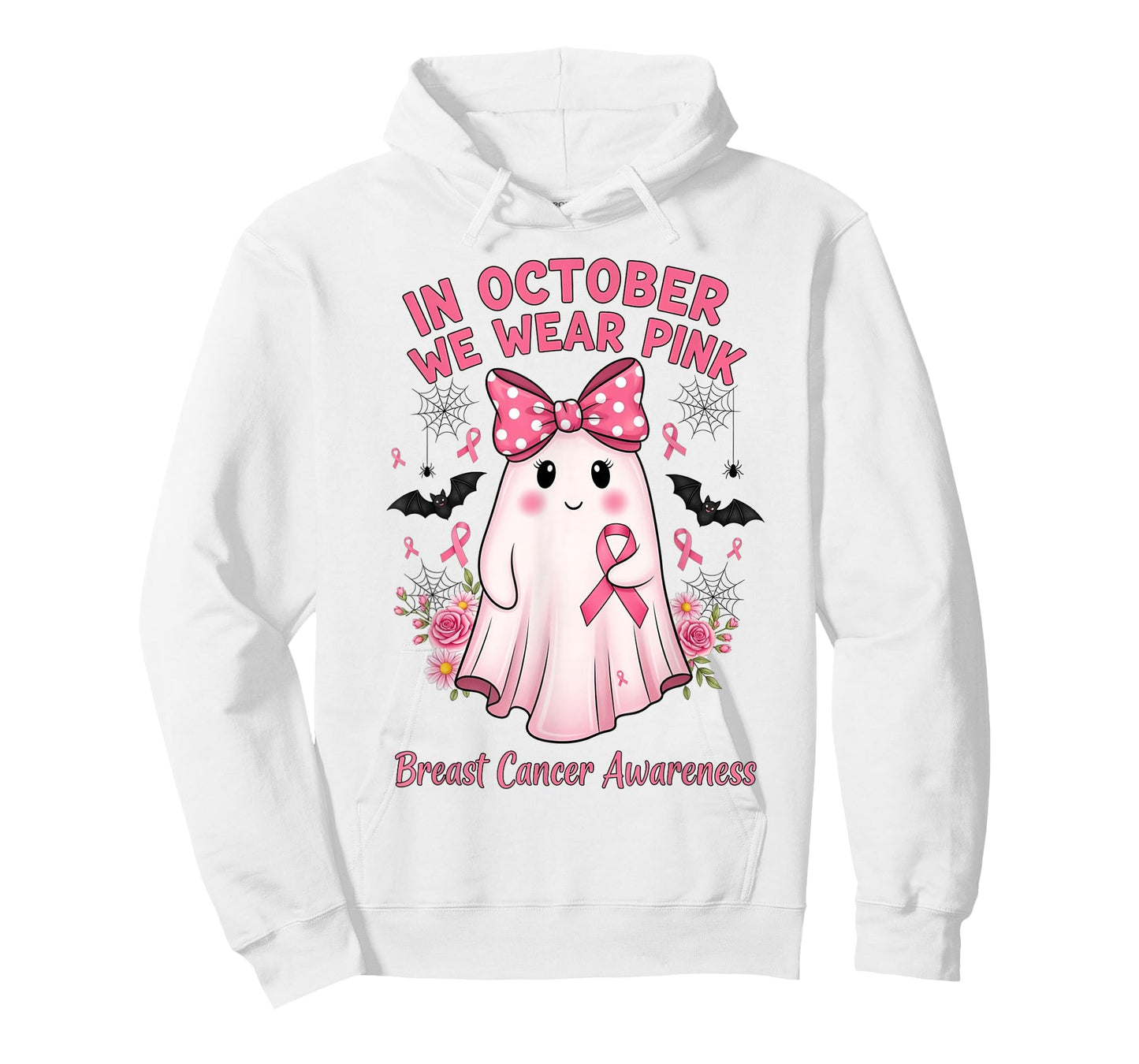 in October We Wear Pink Ghost with Bow Breast Cancer Support T-Shirt