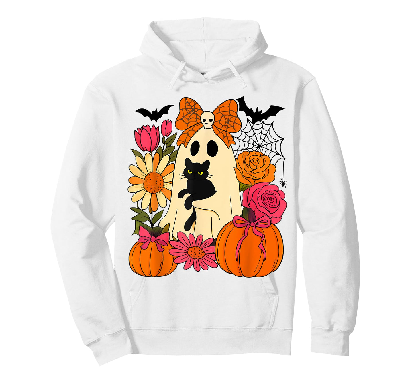 Vintage Halloween Ghost Holding Black Cat Groovy Floral T-Shirt