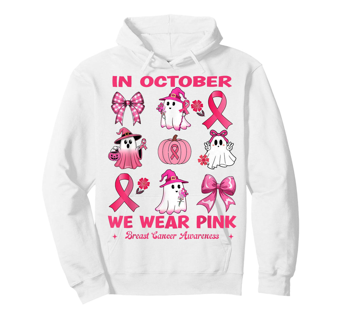 in October We Wear Pink Breast Cancer Cute Ghosts Pumpkin T-Shirt
