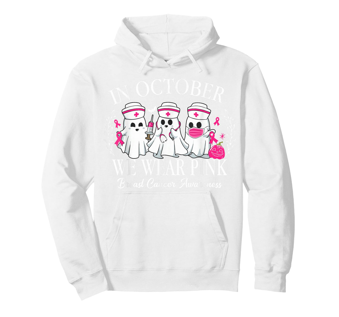 in October We Wear Pink Nurse Ghost Halloween Breast Cancer T-Shirt