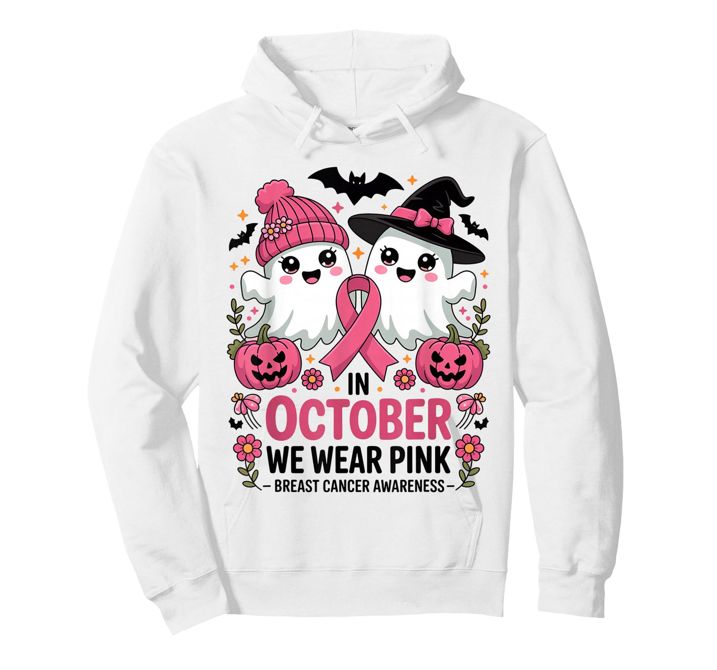 in October We Wear Pink Ghost Witch Breast Cancer Awareness T-Shirt