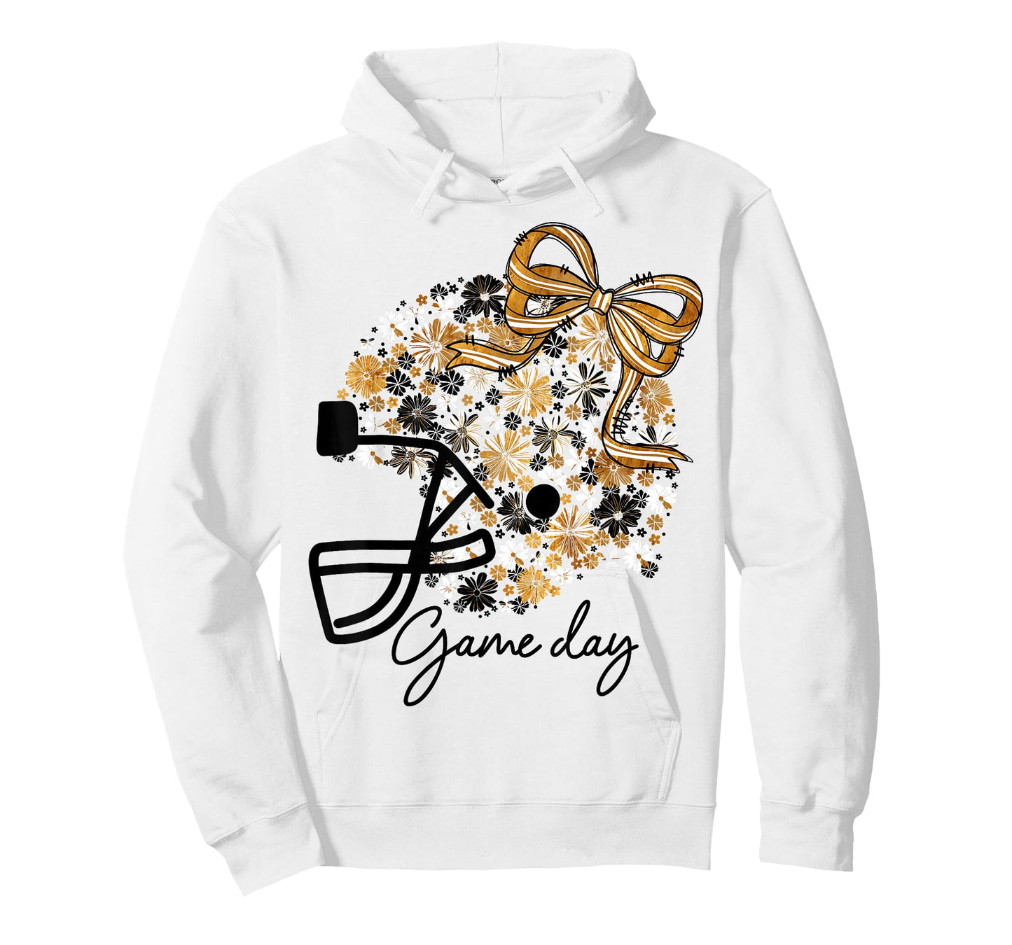 Floral Football Game Day Girly Bow Team Spirit Black & Gold T-Shirt