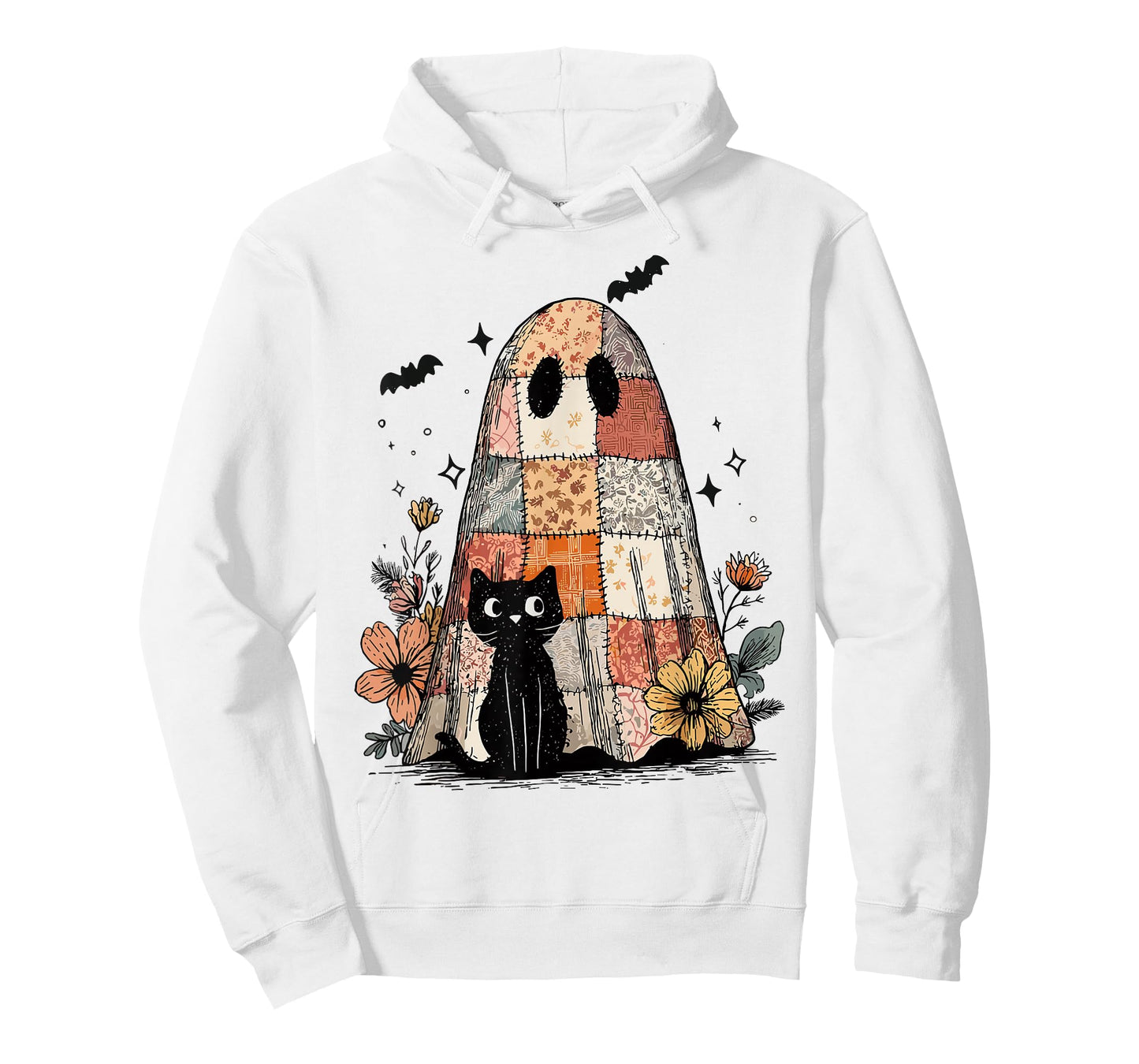 Retro Patchwork Ghost and Cat Floral Hallowee Spooky Season T-Shirt