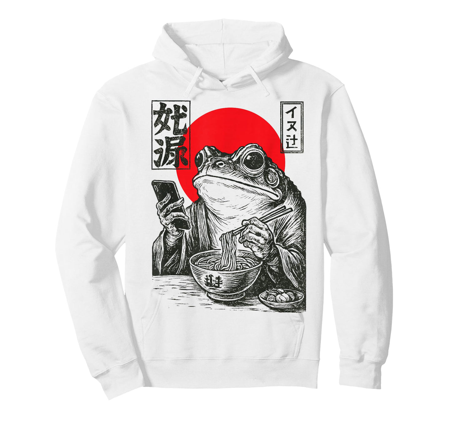 Funny Grumpy Frog Eat Ramen and Scroll Phone Japanese Art T-Shirt