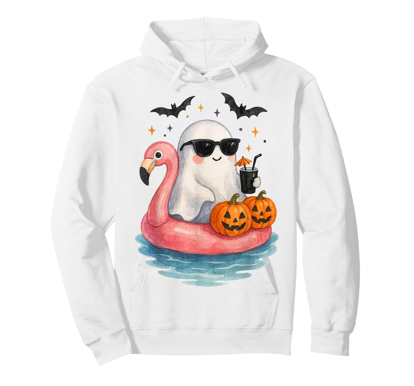 Summer Ghost Watercolor Cute Ghost With Flamingo Float Beach T-Shirt