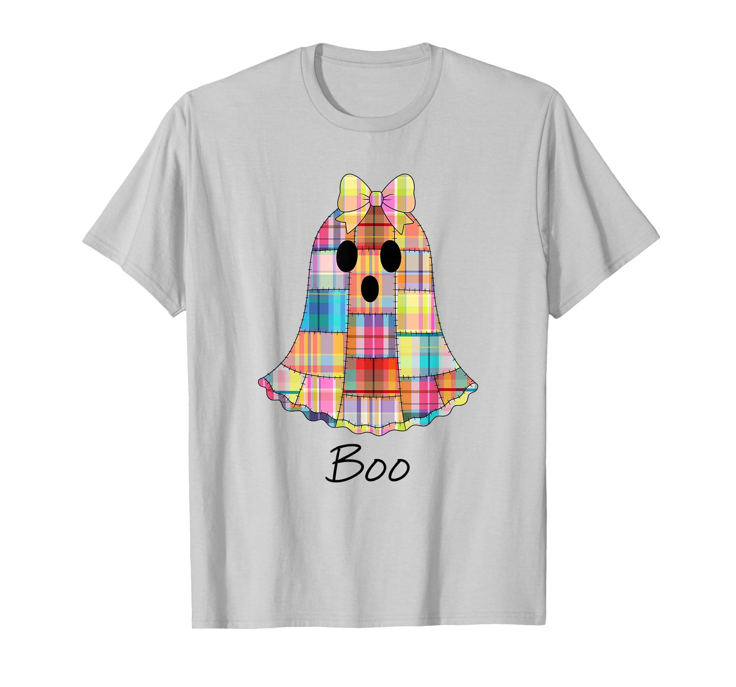 Girls Patchwork Ghost Colorful Halloween Madras Plaid Ghost T-Shirt