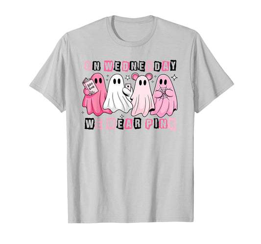 Funny On Wednesday We Wear Cute Pink Ghost Halloween T-Shirt