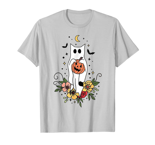 Halloween Ghost Cat Pumpkin Floral T-Shirt