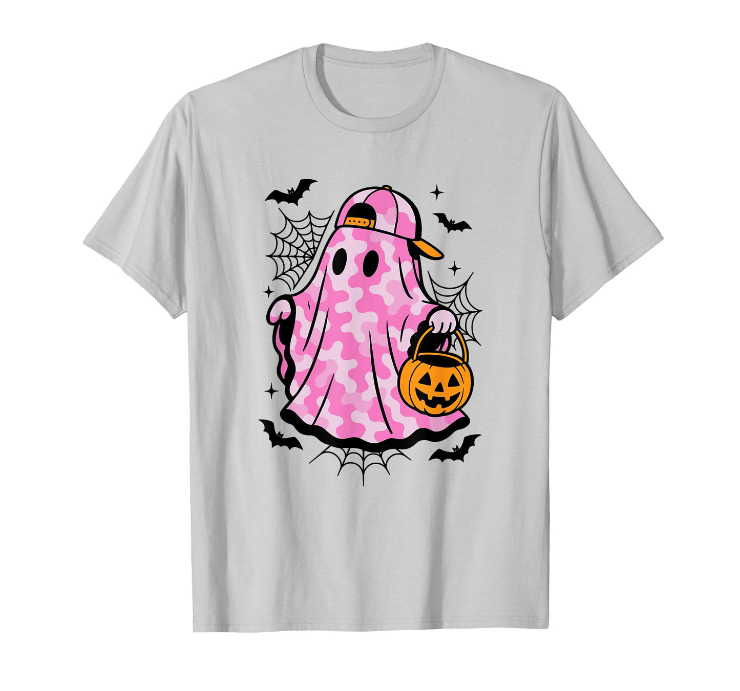 Pink Camo Ghost with Pumpkin Basket Fun Halloween Camouflage T-Shirt