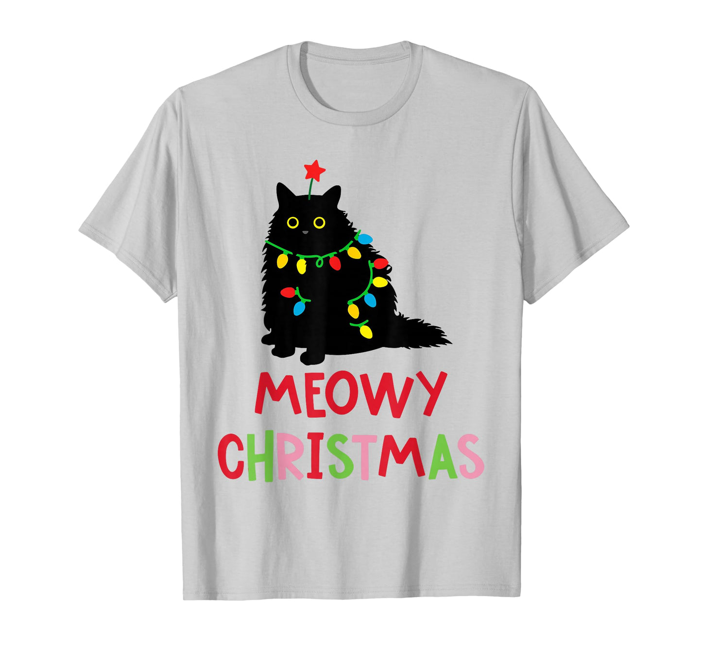 Meowy Christmas Funny Black Cat Christmas Lights Cat Lovers T-Shirt