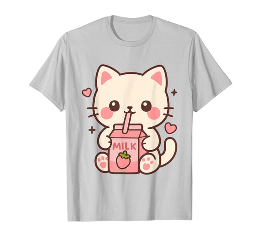 Kawaii Cat Strawberry Milk Japanese Cute Anime Girls Teens T-Shirt