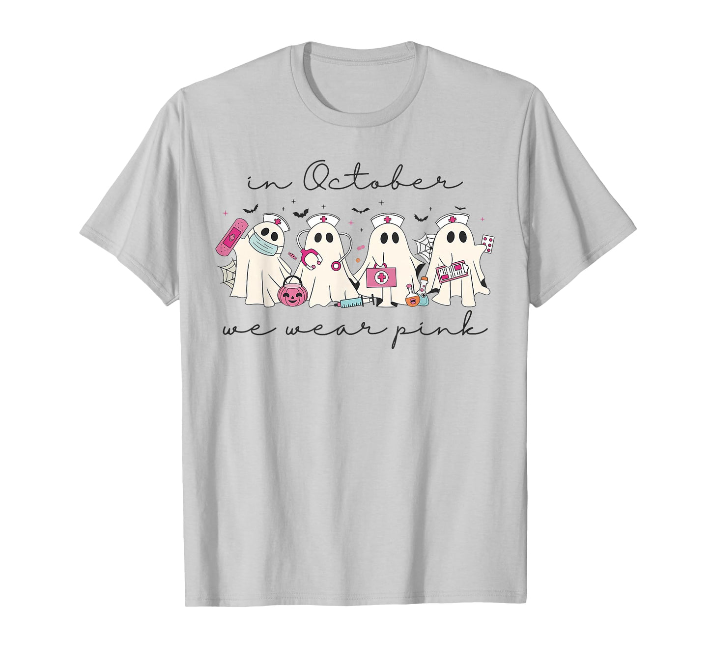 in October We Wear Pink Nurse Ghost Halloween Breast Cancer T-Shirt
