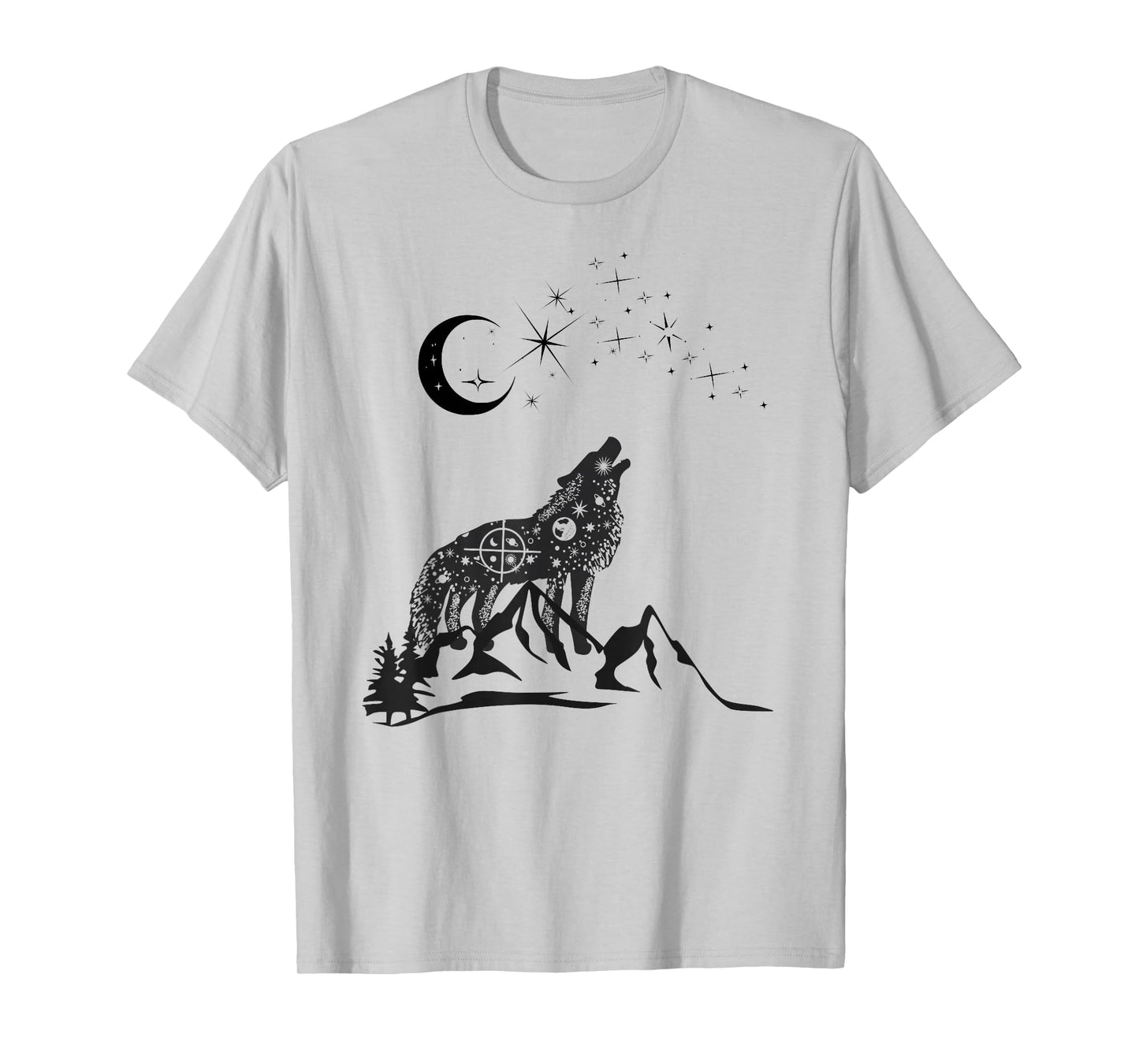 Stars Moon Astrology Wolf Mountain Landscape Black Graphic T-Shirt