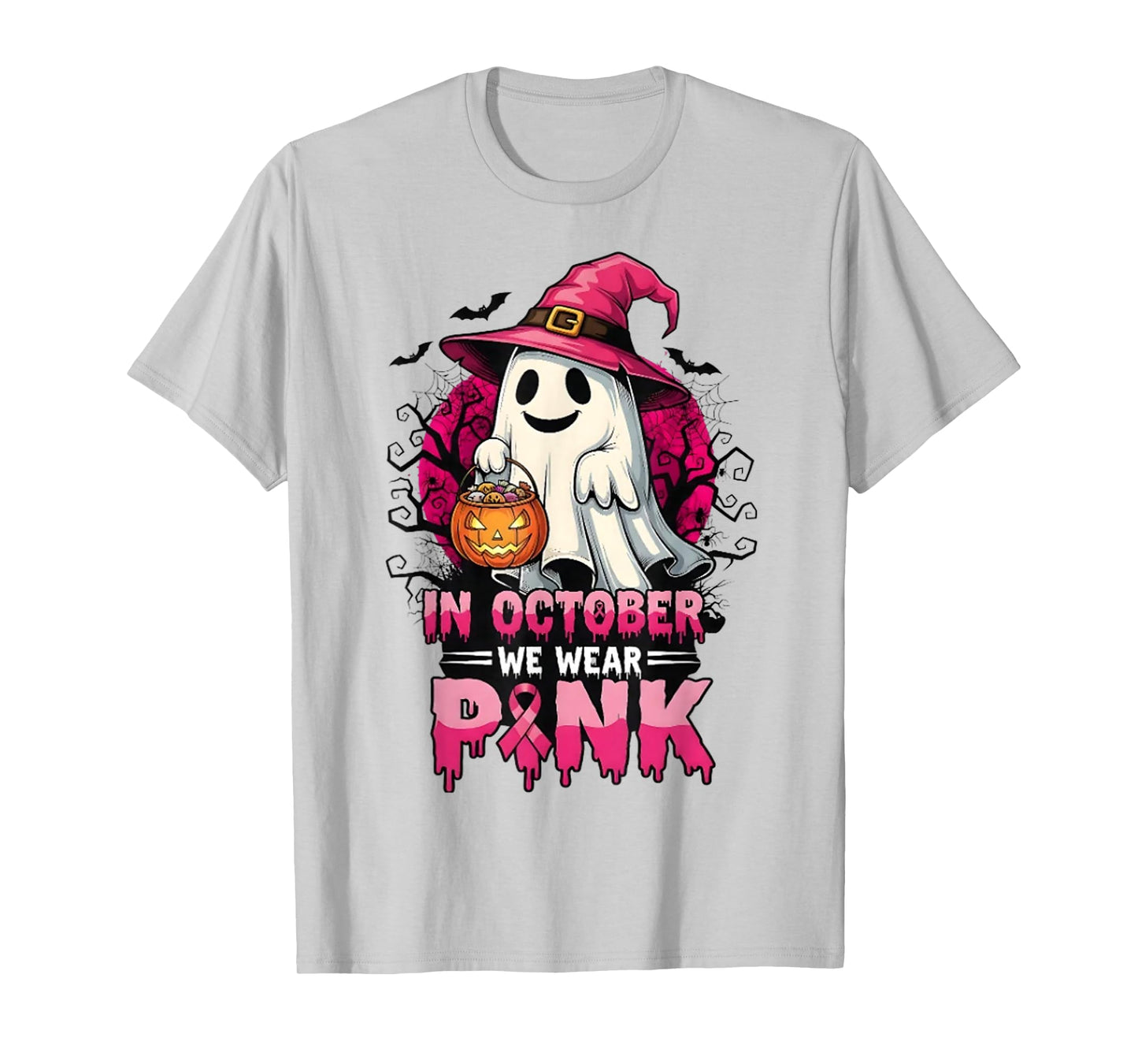 in October We Wear Pink Ghost Witch Breast Cancer Awareness T-Shirt
