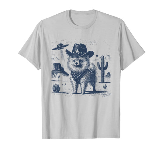 Pomeranian Cowboy Dog Vintage UFO Wild Western Desert Alien T-Shirt