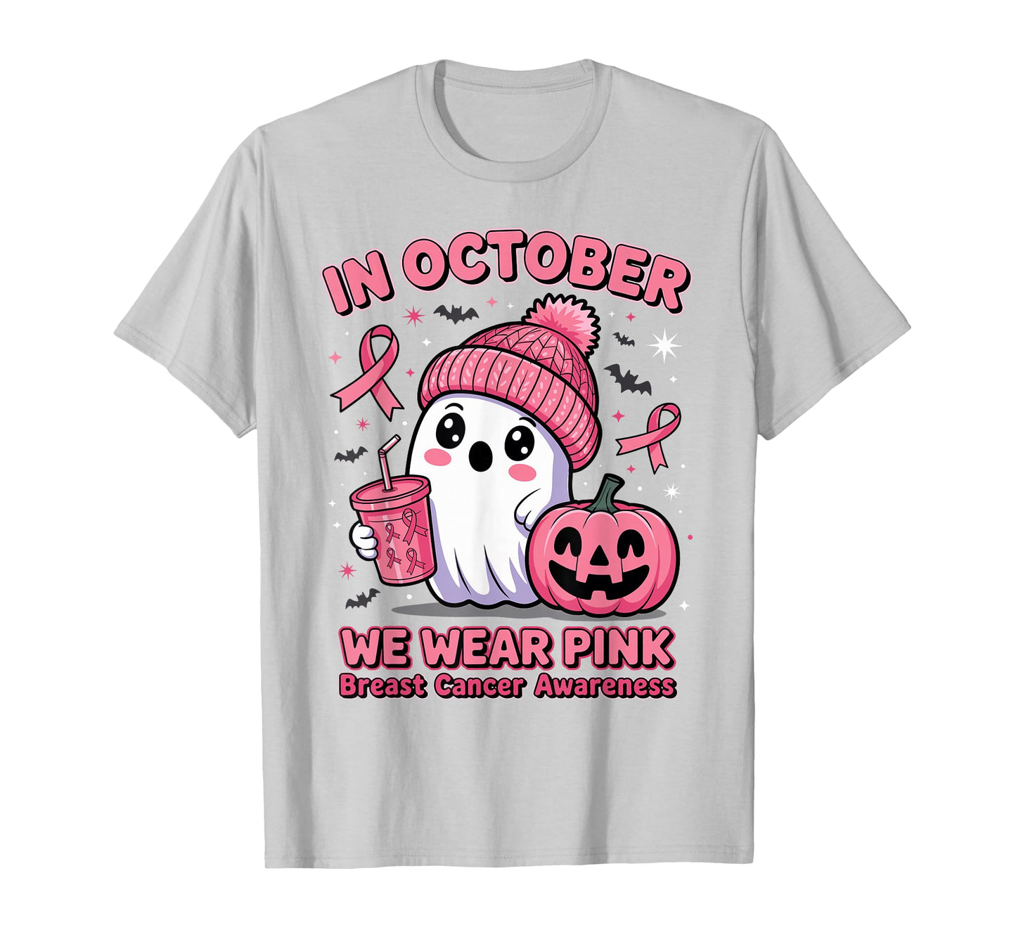 in October We Wear Pink Ghost Halloween Breast Cancer Women T-Shirt