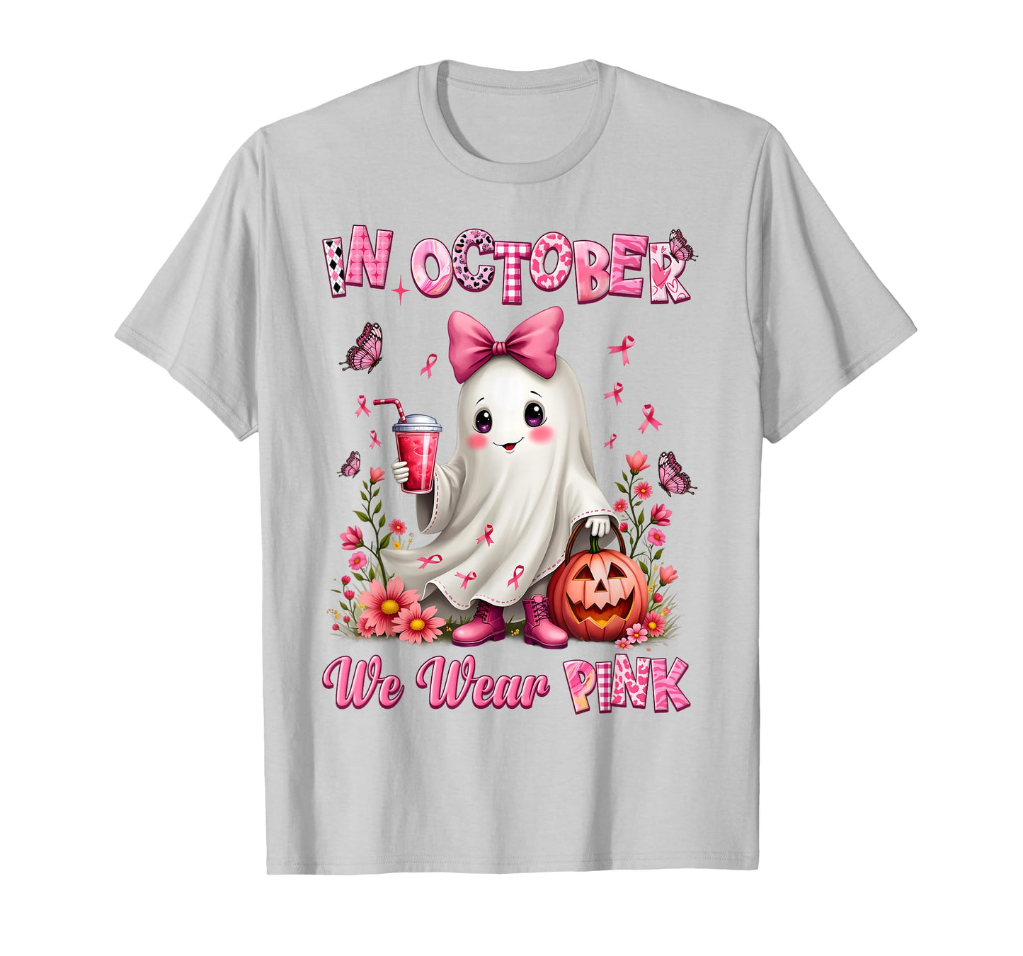 In October We Wear Pink Ghost Breast Cancer Awareness T-Shirt