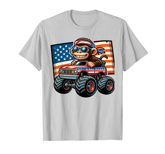 Patriotic Monkey 4th July Monster Truck American Women Kids Men T-Shirt