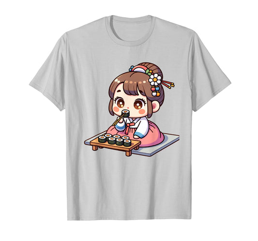 Korean Girl Traditional Hanbok Eating Kimbab T-Shirt
