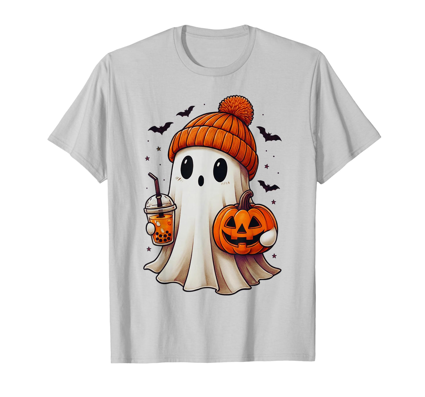 Cute Halloween Ghost with Pumpkin and Boba Kawaii Spooky T-Shirt