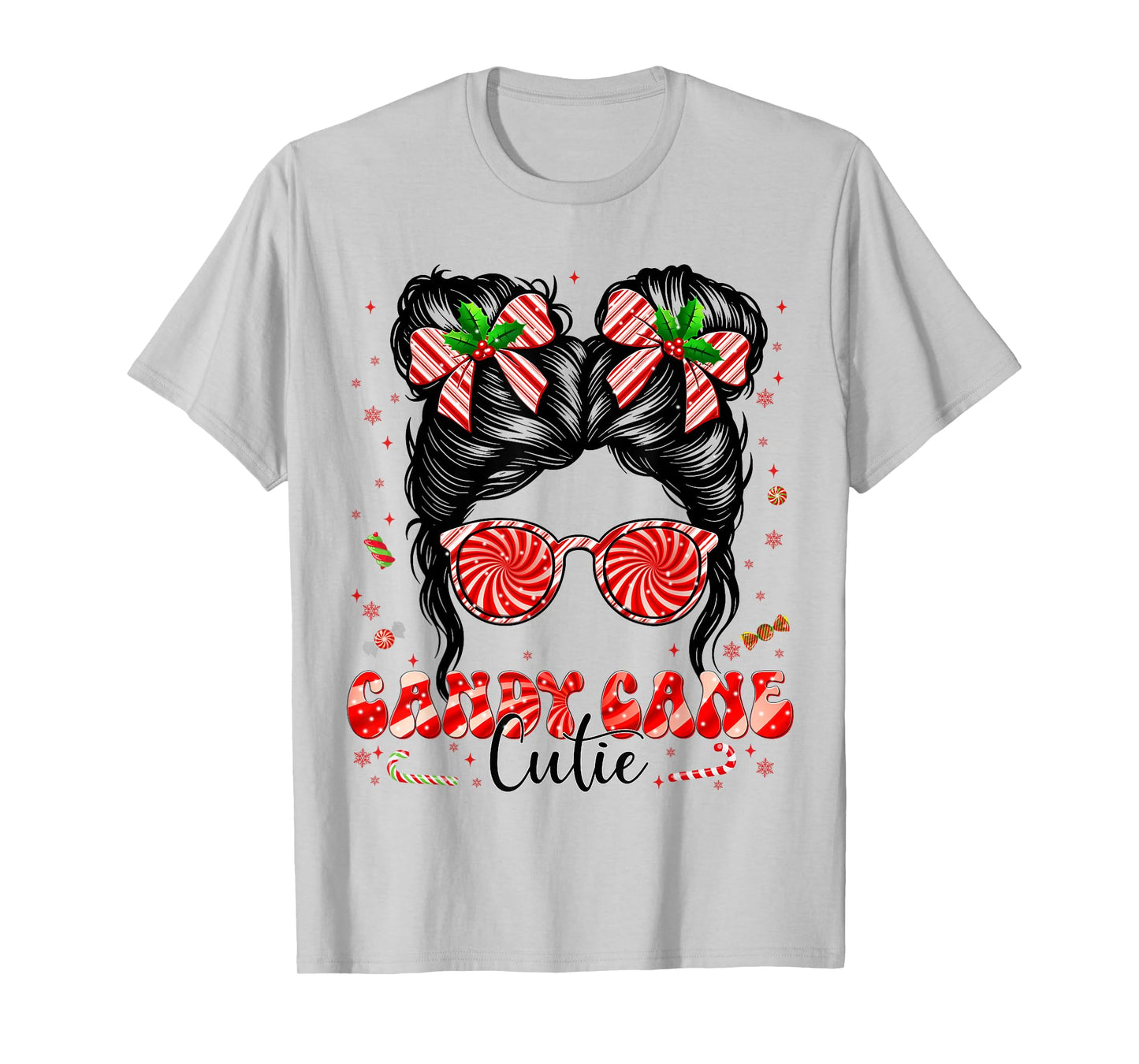 Coquette Messy Bun Candy Cane Cutie Pajamas Christmas Girl T-Shirt